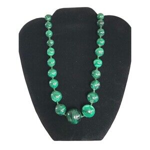 Vintage Huge 27" Natural Banded Green Malachite Bead Necklace Graduated 10-27mm